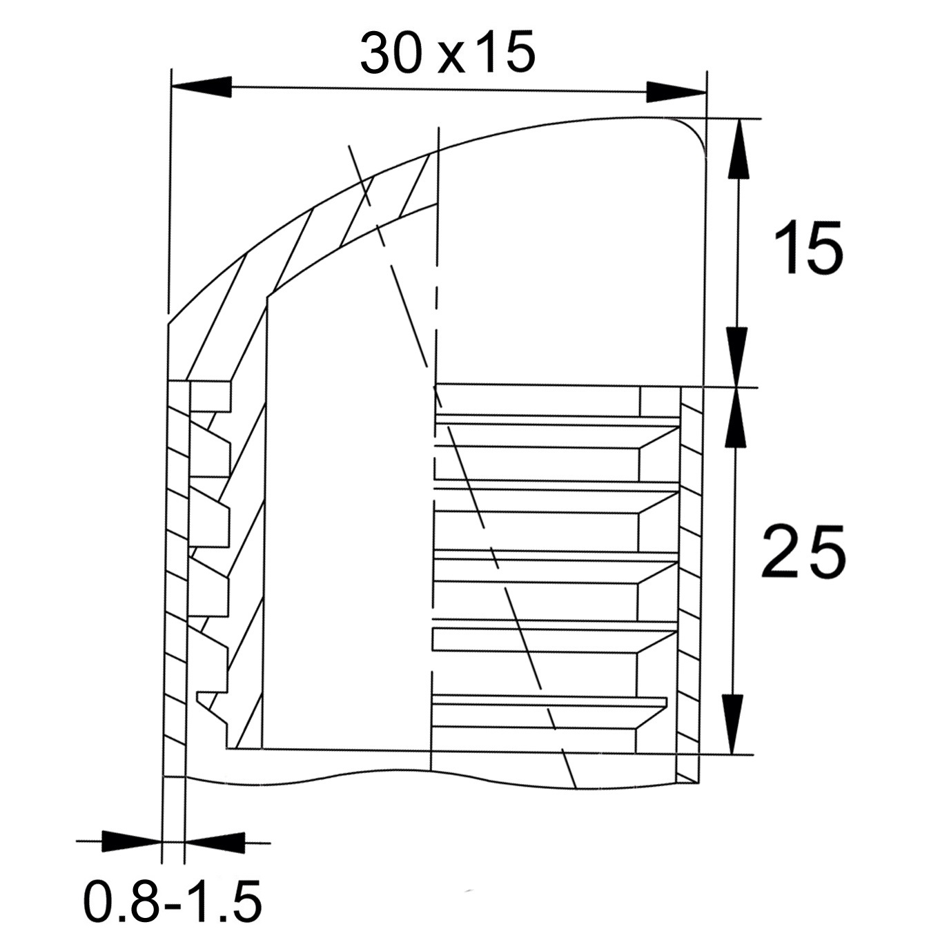 Прямоугольная внутренняя заглушка для труб 15х30 мм