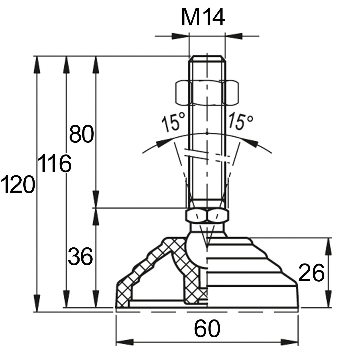 Опора регулируемая шарнирная с резьбой М14-80 и основанием 60 мм