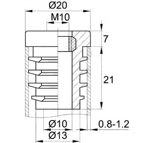 Внутренняя заглушка с пластиковой резьбой М10 для трубы 20x20 мм