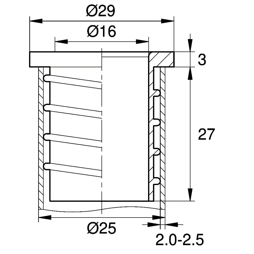 Переходник-втулка пластиковая для труб с Ø25 в Ø16мм,с винтовой насечкой, H 29мм, черный