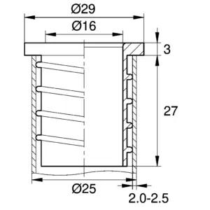 Переходник-втулка пластиковая для труб с Ø25 в Ø16мм,с винтовой насечкой, H 29мм, черный