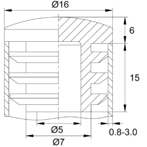 Заглушка круглая Ø16 мм, полусферическая с радиальными ребрами, серия ILTS-16СЧН, черная