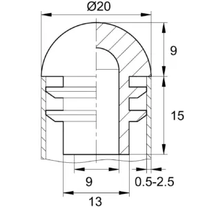 Заглушка пластиковая для труб Ø20 мм, сферическая с ребрами, черная