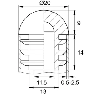 Заглушка пластиковая для труб Ø20 мм, стенка трубы 0,5-2,5 мм, сферическая шляпка, черная