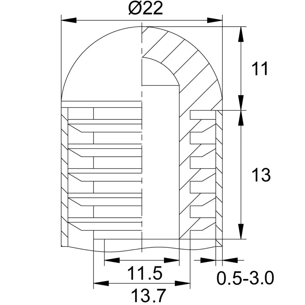 Заглушка для труб Ø22 мм, стенка трубы 0.5-3.0 мм, сферическая шляпка, черная