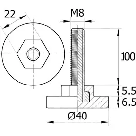 Опора резьбовая ОР40-8х100 под ключ, черная