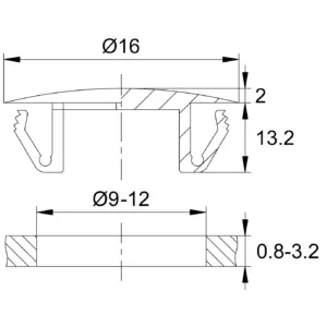 Заглушка пластиковая под отверстие Ø9-12, ультратонкая шляпка Ø16 мм,черный, TFLH9,5