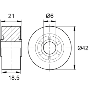 Колесо обрезиненное с нормальной ступицей наружным диаметром 42 мм и внутренним диаметром 6 мм