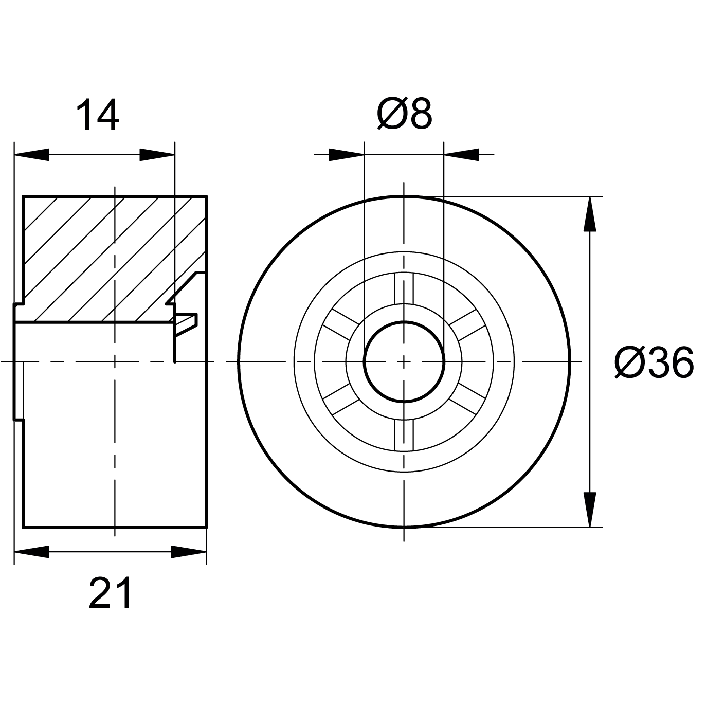 Колесо обрезиненное с утопленной ступицей, наружный диаметр 35 мм и внутренний 8 мм