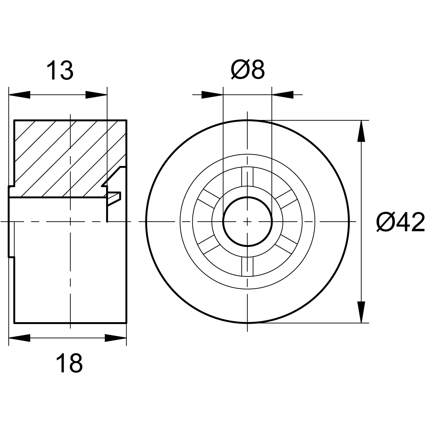 Колесо обрезиненное с утопленной ступицей, наружный диаметр 42 мм и внутренний 8 мм